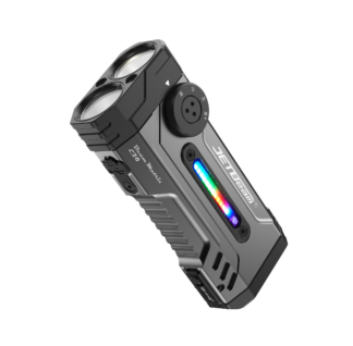 Close-up of a rugged gray camera accessory with three circular lens-like openings and a rotary mode dial, plus a rainbow LED strip along the side.