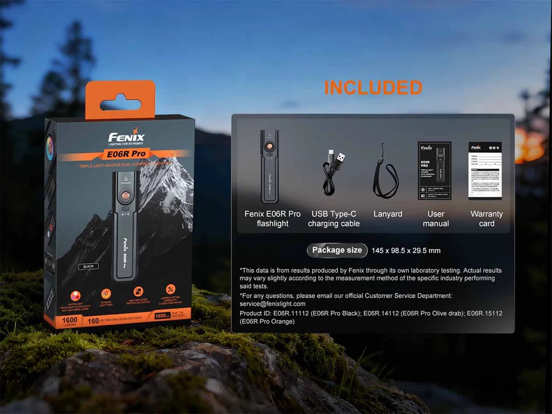 Fenix E06R Pro Flat Flashlight with UV & Red Laser Modes in Black - 1600 Lumens, 160 Metres