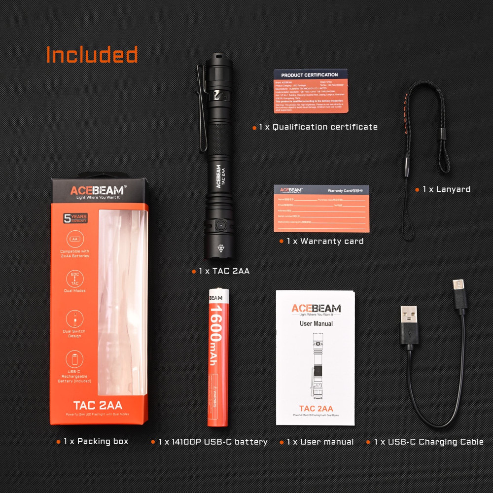 AceBeam TAC 2AA Pocket EDC Flashlight - 1600 Lumens, 304 Metres - Blue