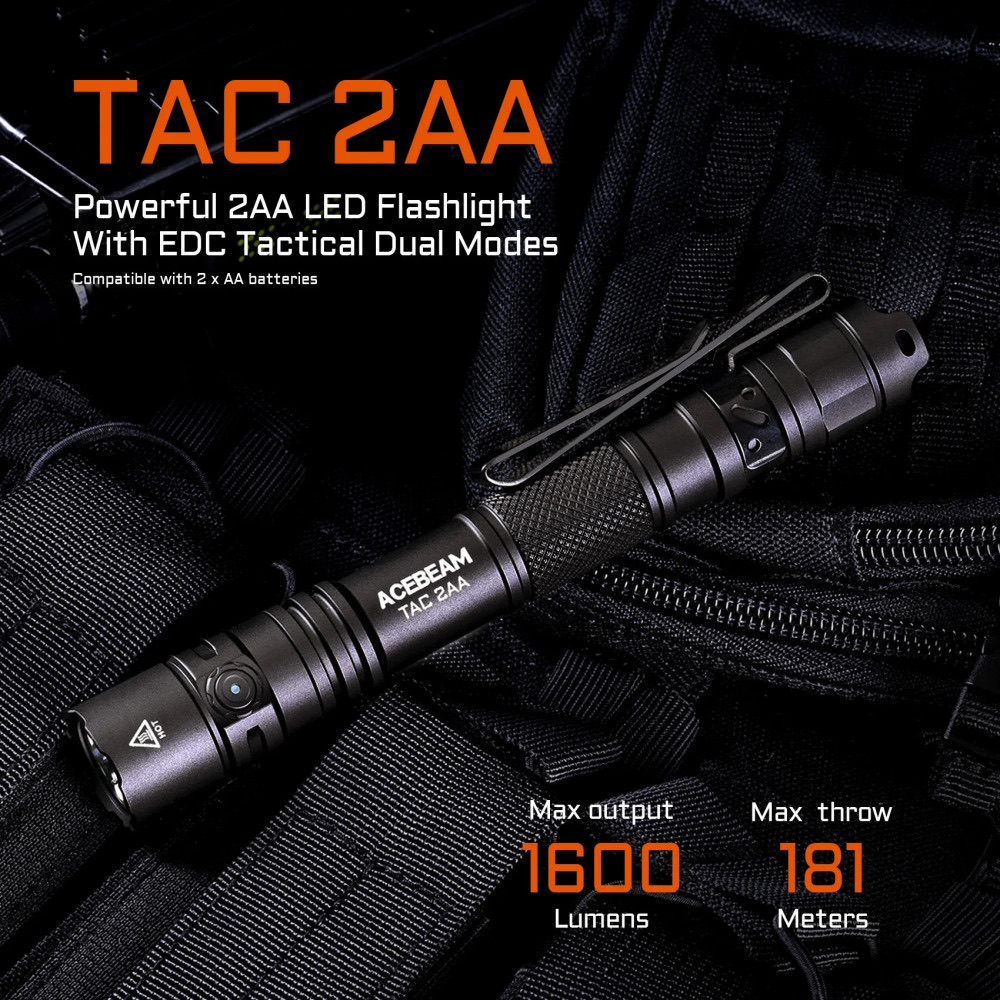 AceBeam TAC 2AA Pocket EDC Flashlight - 1600 Lumens, 304 Metres - Blue