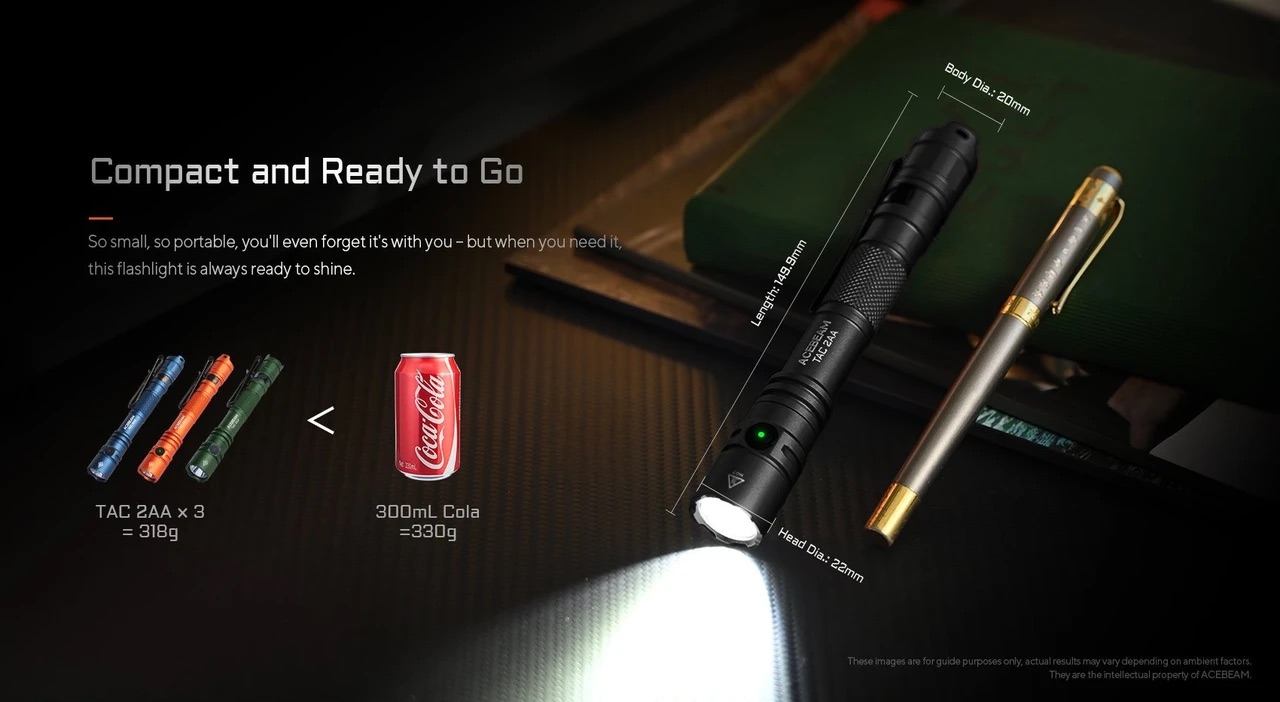 AceBeam TAC 2AA Pocket EDC Flashlight - 1600 Lumens, 304 Metres - Blue