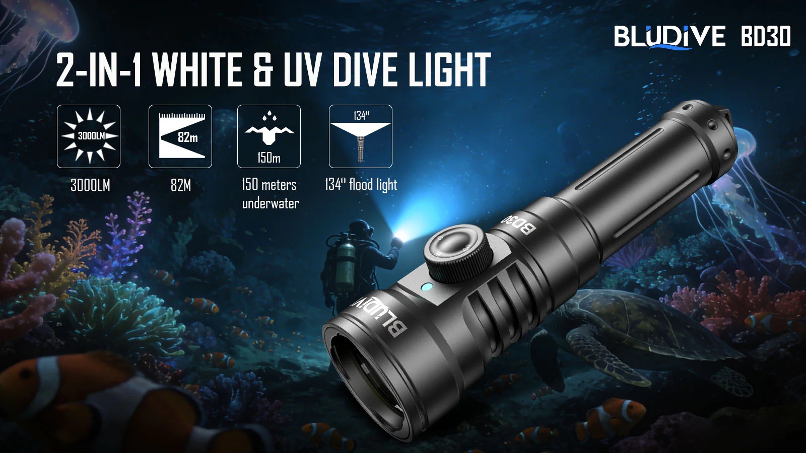 BluDive BD30 3000 Lumen Dive Light – 134° Wide Beam Scuba Video Torch, Dual White & UV, 150m Waterproof, USB-C 21700 Rechargeable