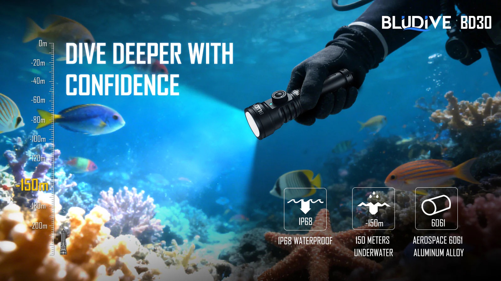 BluDive BD30 3000 Lumen Dive Light – 134° Wide Beam Scuba Video Torch, Dual White & UV, 150m Waterproof, USB-C 21700 Rechargeable