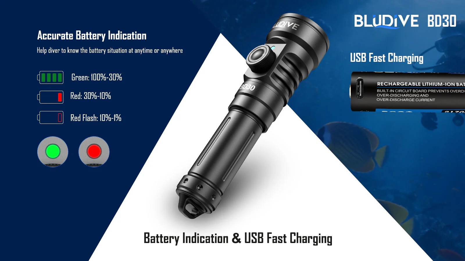 BluDive BD30 3000 Lumen Dive Light – 134° Wide Beam Scuba Video Torch, Dual White & UV, 150m Waterproof, USB-C 21700 Rechargeable