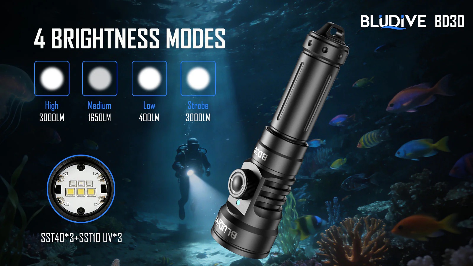 BluDive BD30 3000 Lumen Dive Light – 134° Wide Beam Scuba Video Torch, Dual White & UV, 150m Waterproof, USB-C 21700 Rechargeable