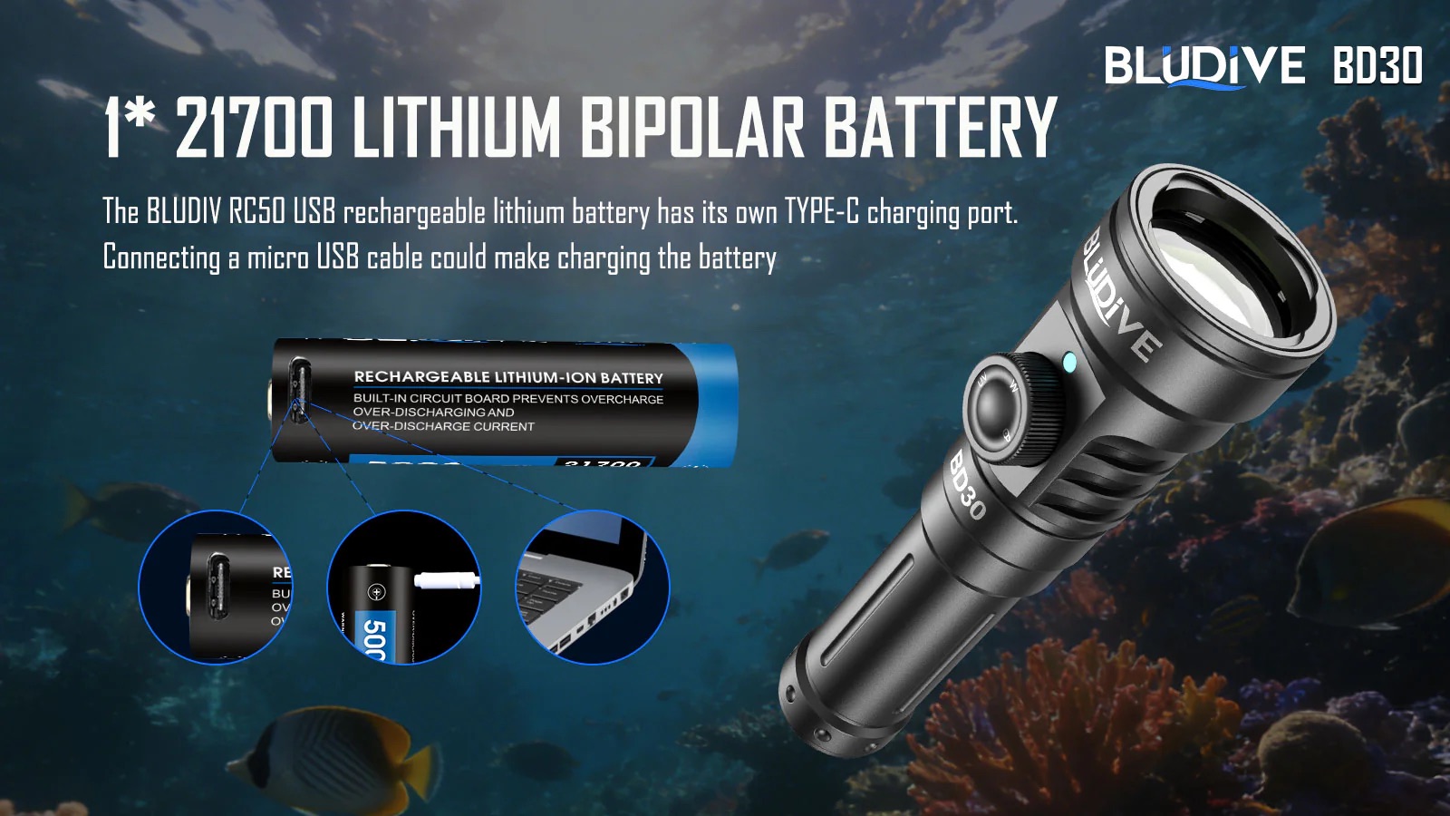 BluDive BD30 3000 Lumen Dive Light – 134° Wide Beam Scuba Video Torch, Dual White & UV, 150m Waterproof, USB-C 21700 Rechargeable