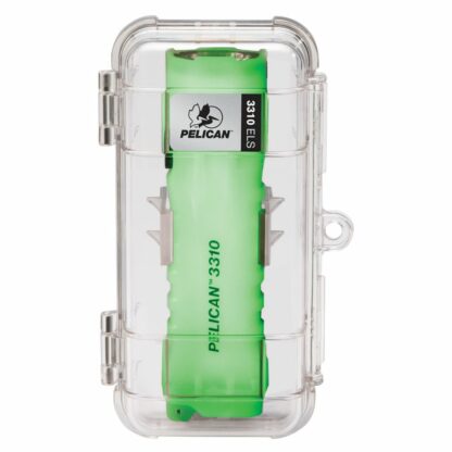 Clear protective case holding a bright green Pelican 3310 flashlight, with Pelican logo visible on the label (waterproof protective housing).