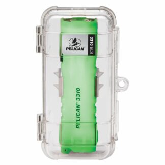 Green Pelican 3310 LED flashlight inside a clear protective case (a small, waterproof handheld light).