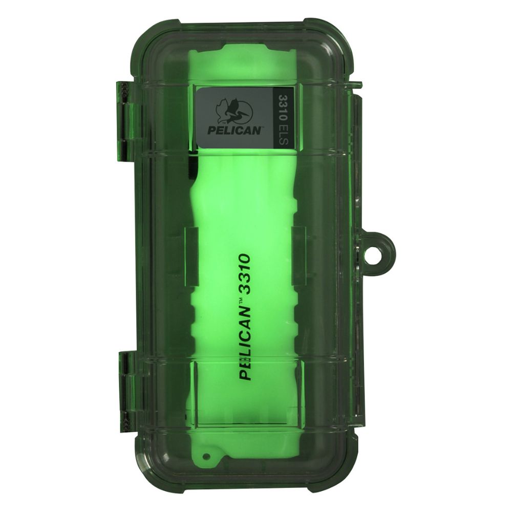Pelican 3310 ELS flashlight in a clear protective case with a neon green body.