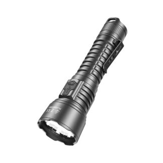 Black tactical flashlight with ribbed grip and pocket clip for easy carrying.