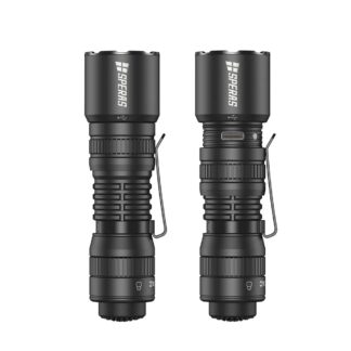 Two black flashlights with knurled grips and metal pocket clips, shown side by side; the right model exposes a USB-C port. Brand SPERAS visible on the heads as you’d expect from tactical flashlights.