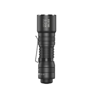 Compact black tactical flashlight with knurled grip and metal pocket clip.