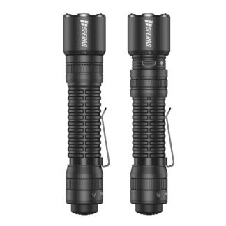 Pair of black tactical flashlights with textured grips and pocket clips, one showing a USB-C port on the side.
