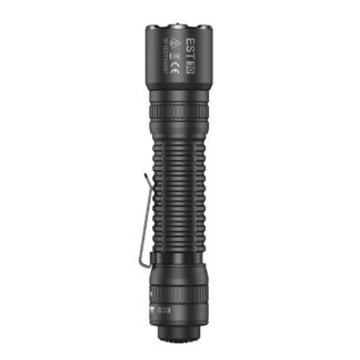 Black tactical flashlight with ribbed grip, side clip, and adjustable head.