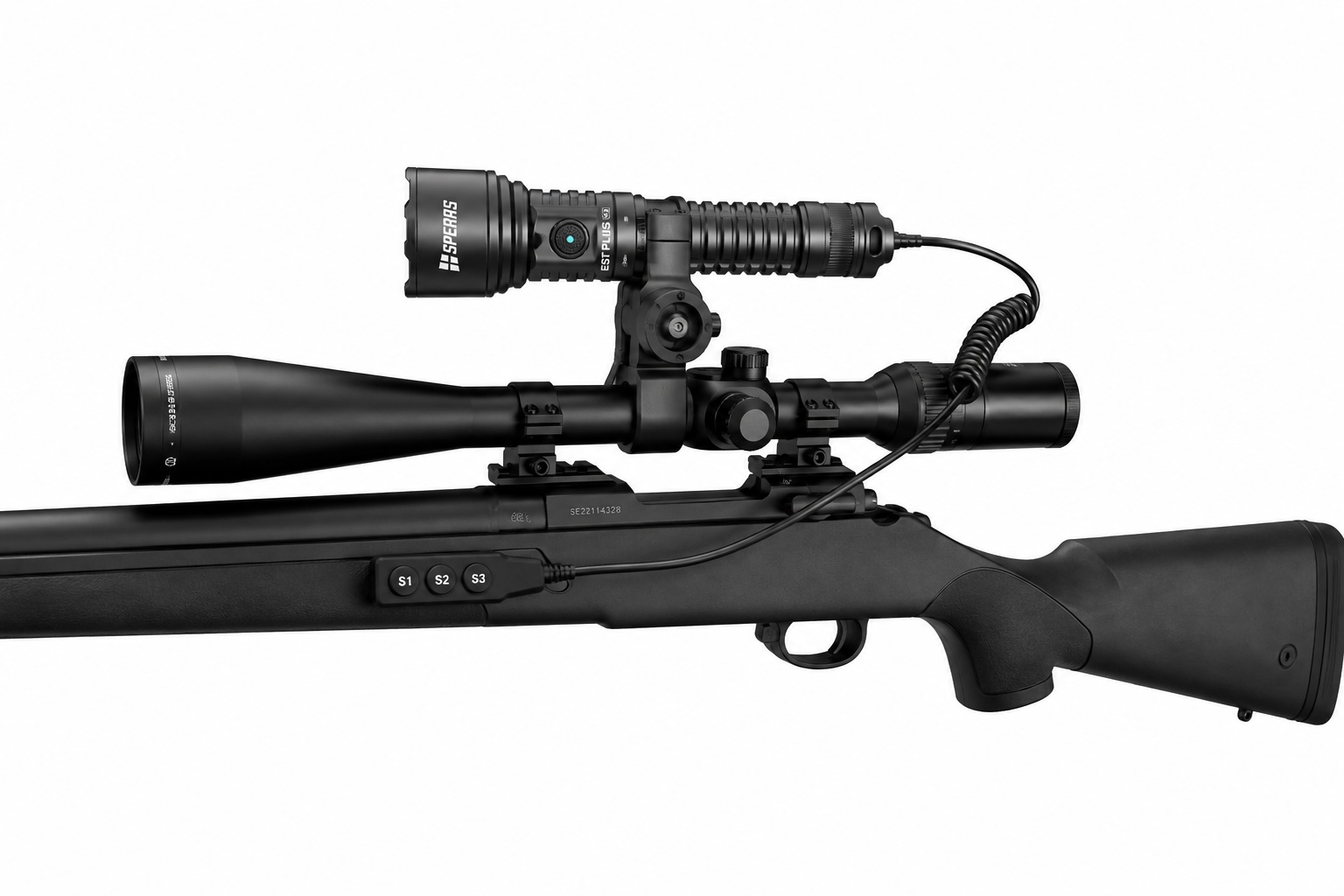 Black sniper rifle with a long scope and wired accessory mounted on a white background, viewed sideways to show the scope and rail.