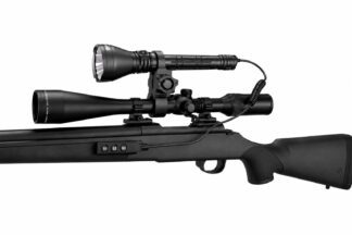 Black sniper rifle with a long scope and mounted flashlight on a white background.