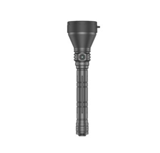 Close-up of a black tactical flashlight head with a textured bezel and side thumb switch against a white background.