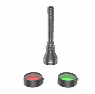 Tall black tactical flashlight with knurled grip, shown with red and green filter caps below it.