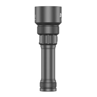 Vertical image of a black rifle scope with knurled adjustment rings and a matte finish, featuring a large top objective lens and a segmented middle tube for aiming adjustments.