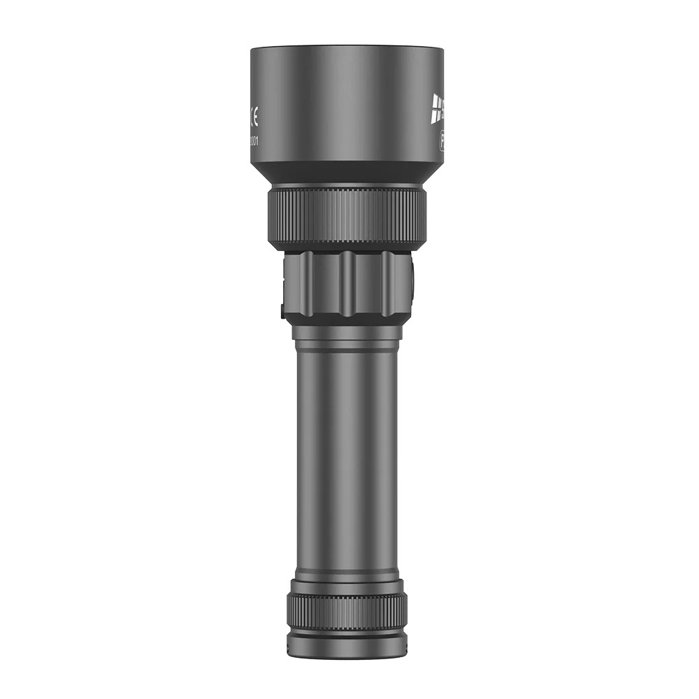 Vertical image of a black rifle scope with knurled adjustment rings and a matte finish, featuring a large top objective lens and a segmented middle tube for aiming adjustments.