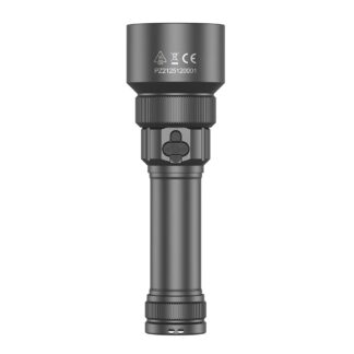 Compact dark gray monocular/optical sight with knurled focus ring and mounting collar, isolated on white background