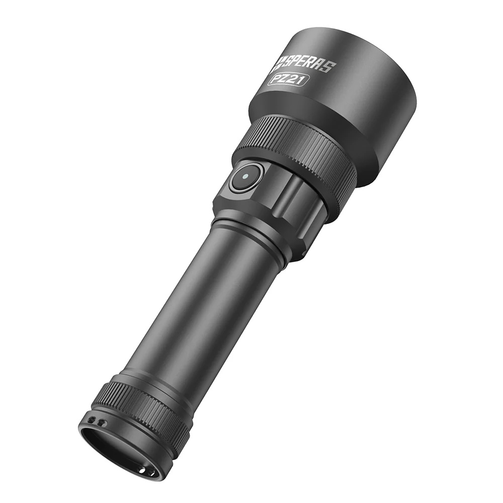 Black tactical flashlight with knurled grip and rotating head on a white background.