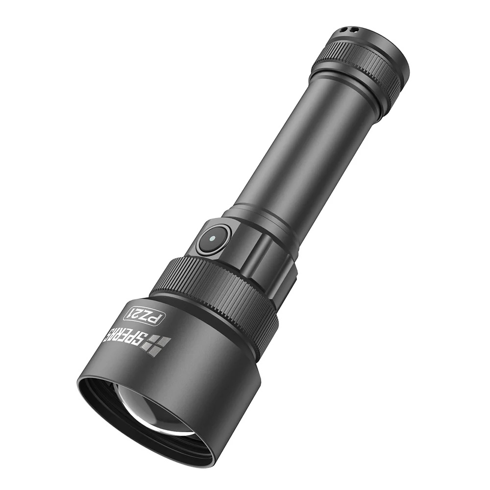 Black handheld flashlight with a textured grip and adjustable focus head, viewed diagonally from above