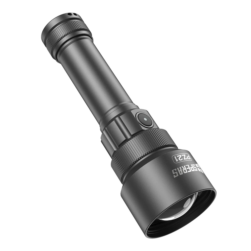 Black handheld flashlight with a textured grip, side push button, and adjustable focus ring.