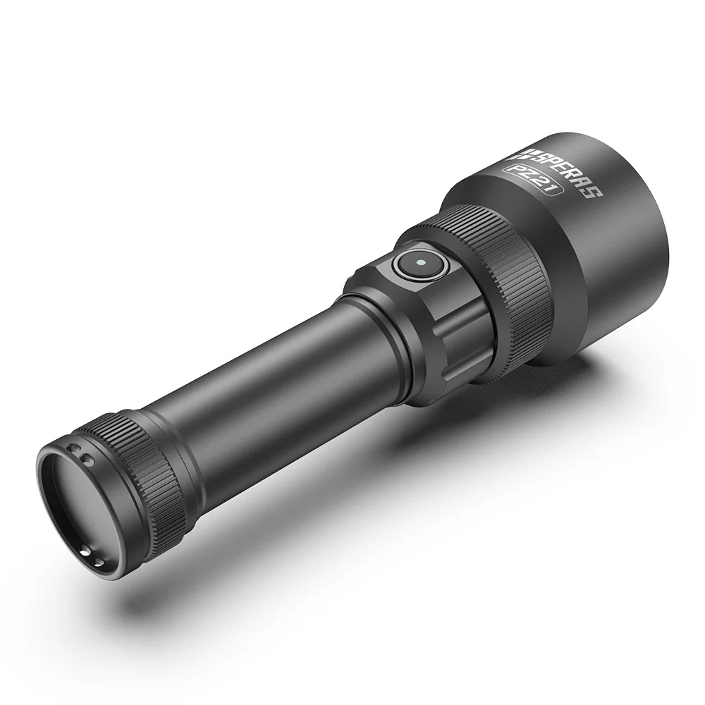 Black tactical flashlight with side power switch and knurled grip on a white background, angled diagonally.