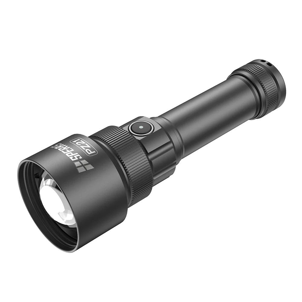Compact black flashlight with a textured grip and adjustable focus ring, facing left.