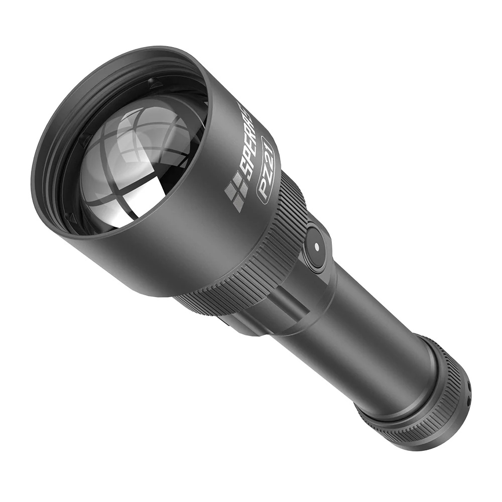 Tactical flashlight head with a large lens and adjustable zoom, shown from an angled view over a white background