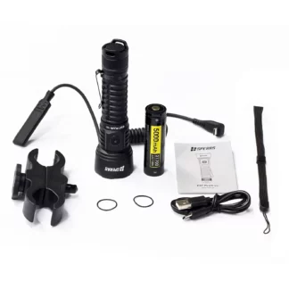 Rechargeable black flashlight with bike handlebar mount, 5000mAh battery, charger, manual, and accessories on a white background.