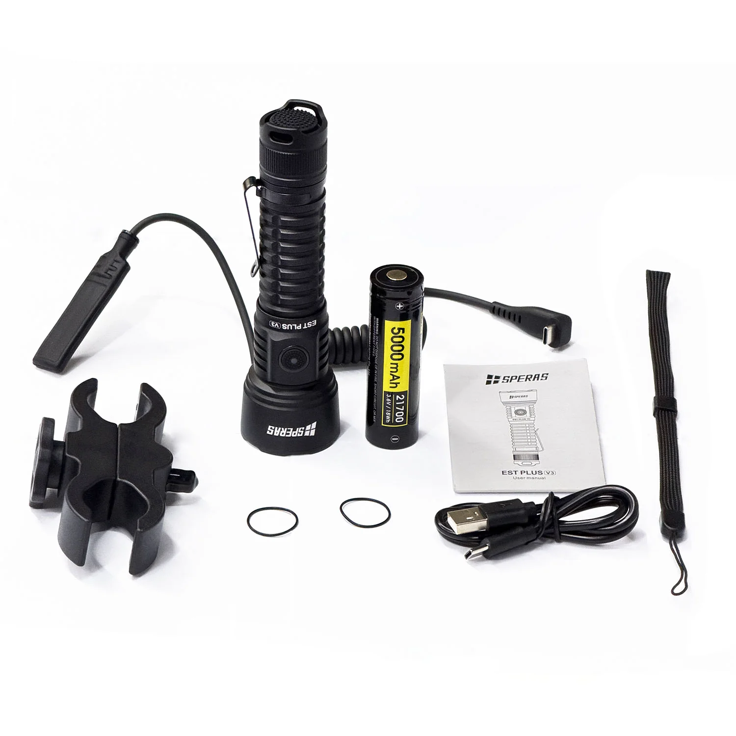 Rechargeable black flashlight with bike handlebar mount, 5000mAh battery, charger, manual, and accessories on a white background.