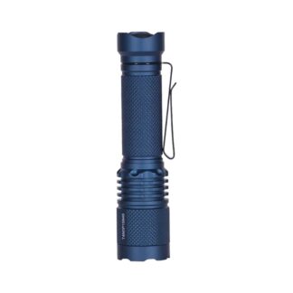 Blue aluminum flashlight with knurled grip and metal pocket clip.