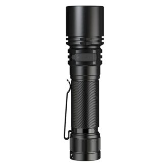 Black tactical flashlight with textured knurled body, crenulated head, and a pocket clip
