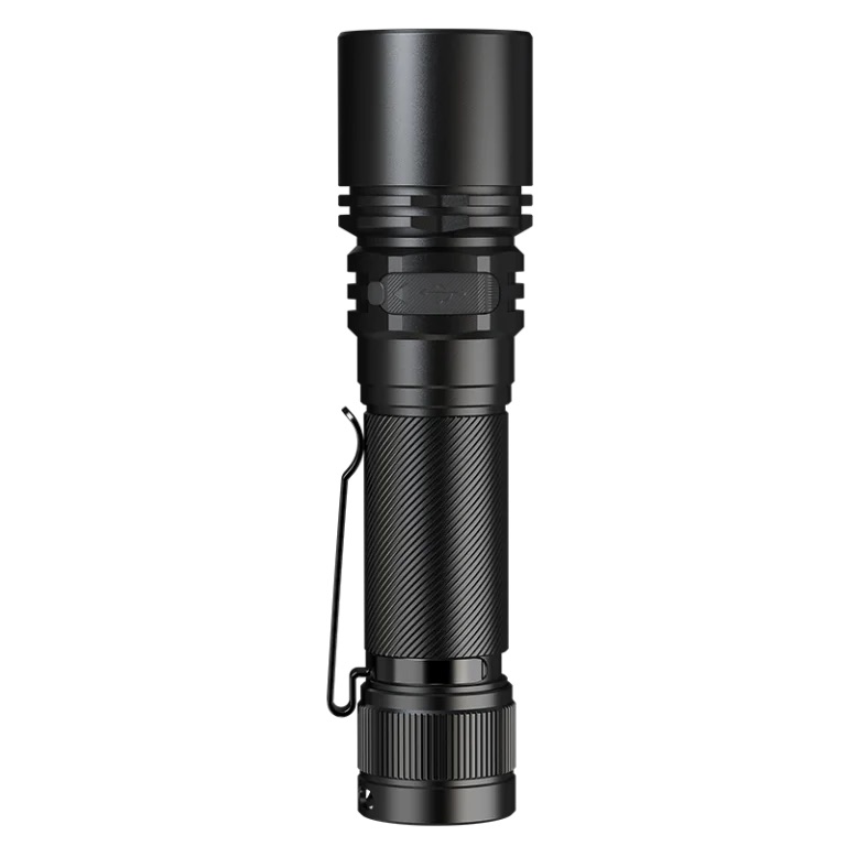 Black tactical flashlight with textured knurled body, crenulated head, and a pocket clip