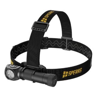 Black headlamp with adjustable straps and yellow Speras branding for hands-free lighting