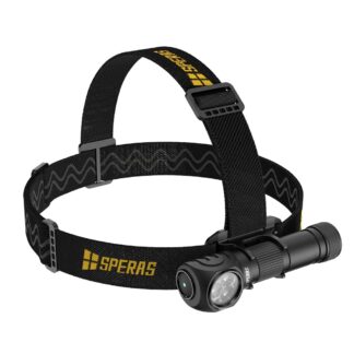 Headlamp with adjustable black straps and a front light, Speras branding in yellow