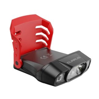 Klarus dual-LED front bike light with a red adjustable mounting bracket on the handlebar clip.