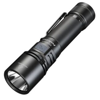 Black tactical flashlight with a textured grip and metal pocket clip, angled diagonally.