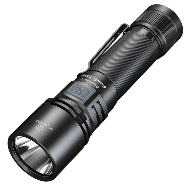 Black tactical flashlight with a textured grip and metal pocket clip, angled diagonally.