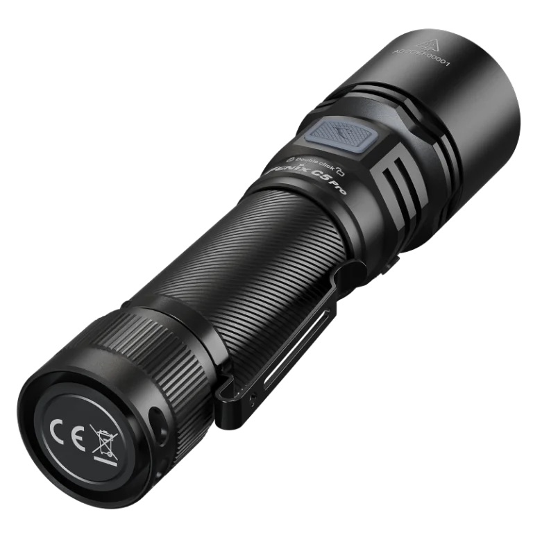 Black tactical flashlight with a side clip, textured grip, and a forward-facing LED end cap for handheld use
