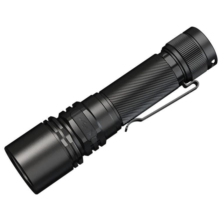 Black handheld flashlight with a knurled grip and metal pocket clip, shown at an angle.
