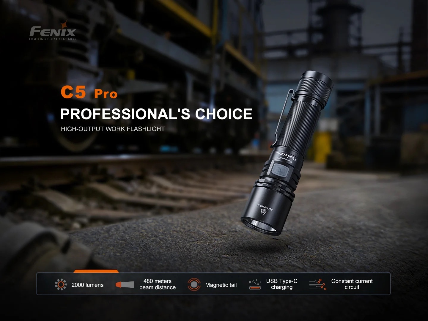 C5 Pro high-output flashlight by Fenix, angled in an industrial setting, highlighting 2000 lumens and 480 m beam distance.