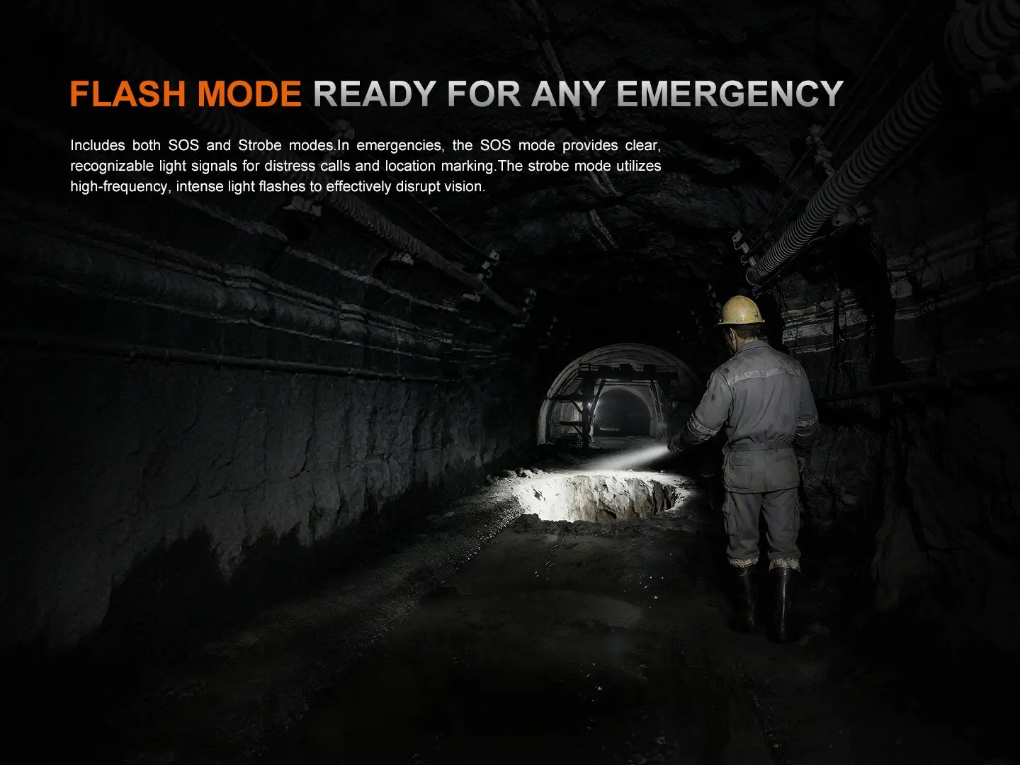 Dark underground mine tunnel with a worker in a helmet, flashlight shining on the ground ahead, doorway visible in distance.