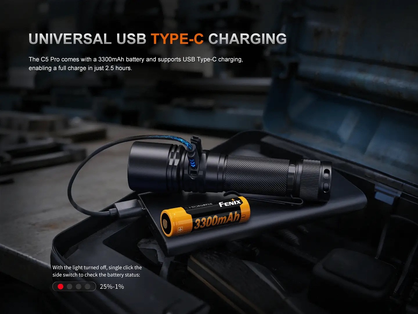 Flashlight connected to a USB-C charging setup with a orange 3300mAh Fenix battery on a dark workbench.
