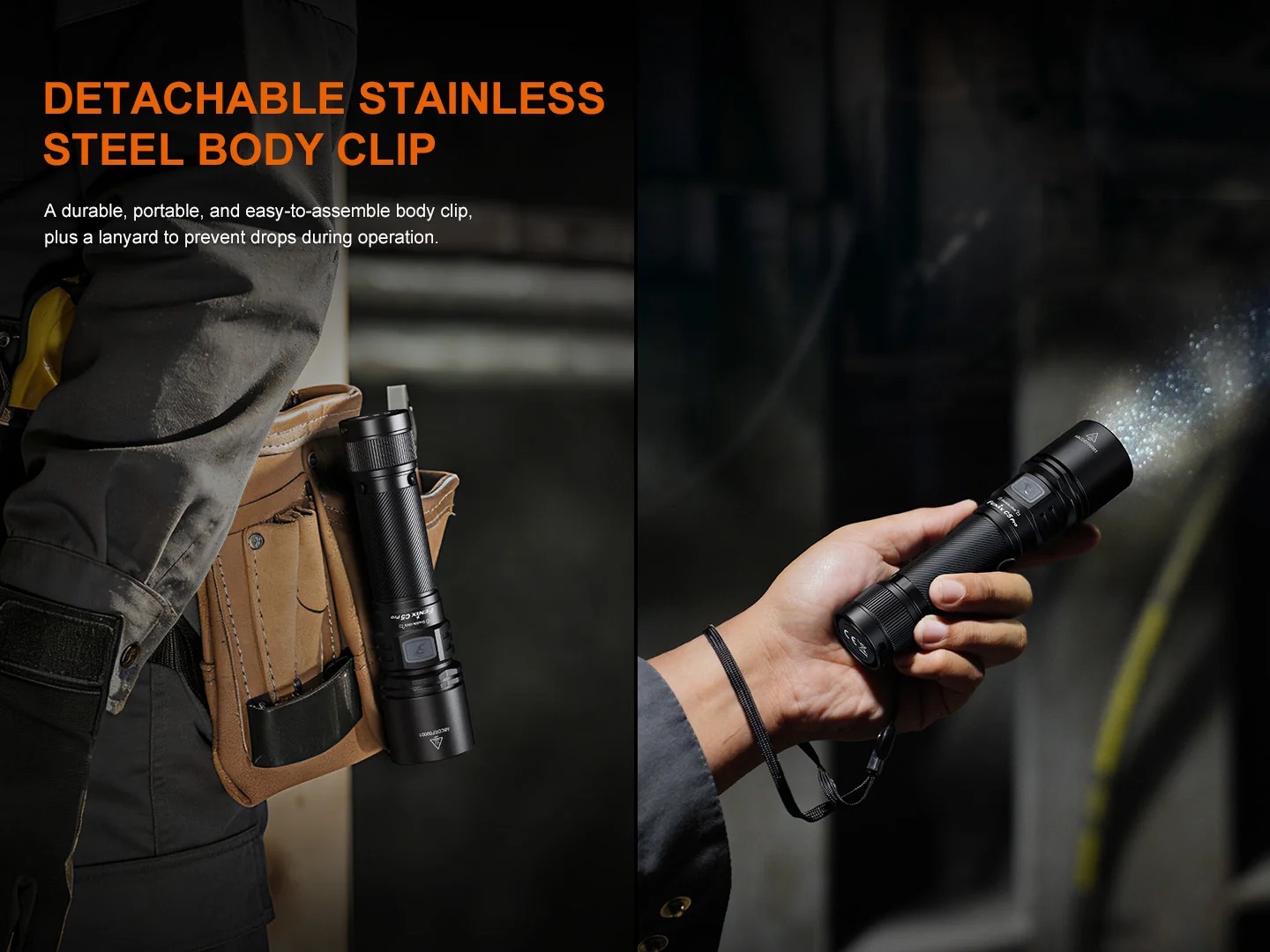 Detachable stainless steel body clip flashlight mounted on a tool belt beside a user’s hip.