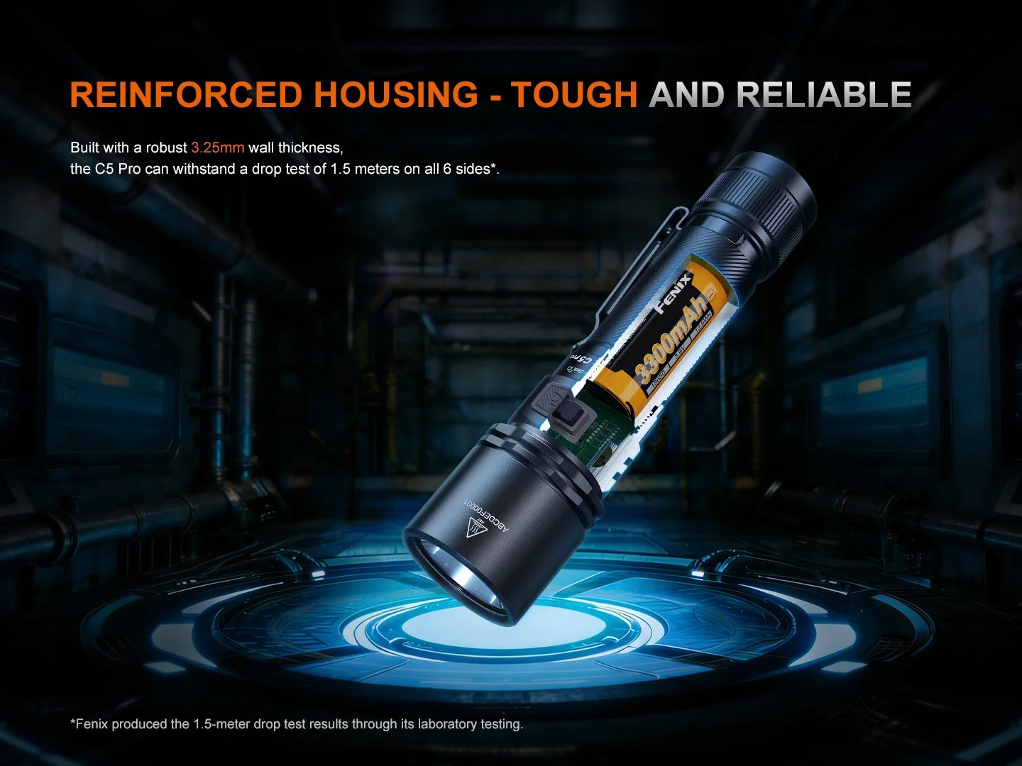 Promotional image of a rugged Fenix flashlight with reinforced housing, angled over a blue-lit lab platform; headline reads 'REINFORCED HOUSING - TOUGH AND RELIABLE'