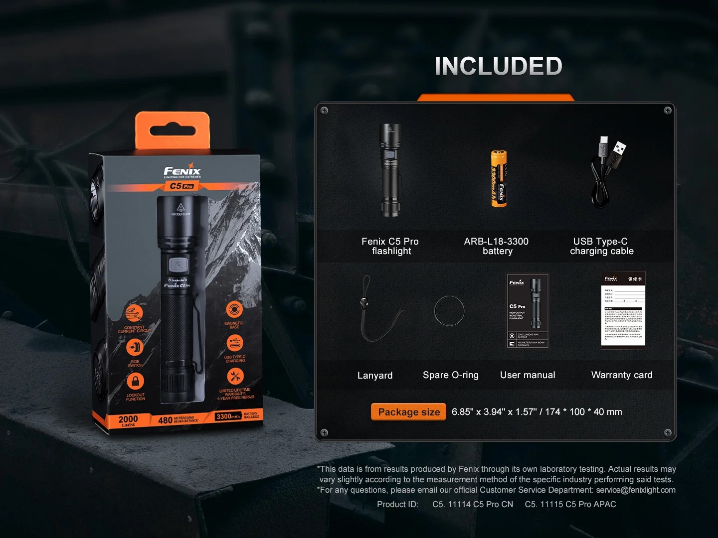 Fenix C5 Pro flashlight in box with orange accents beside an 'Included' accessories panel listing its components (battery, USB-C cable, lanyard, manual).