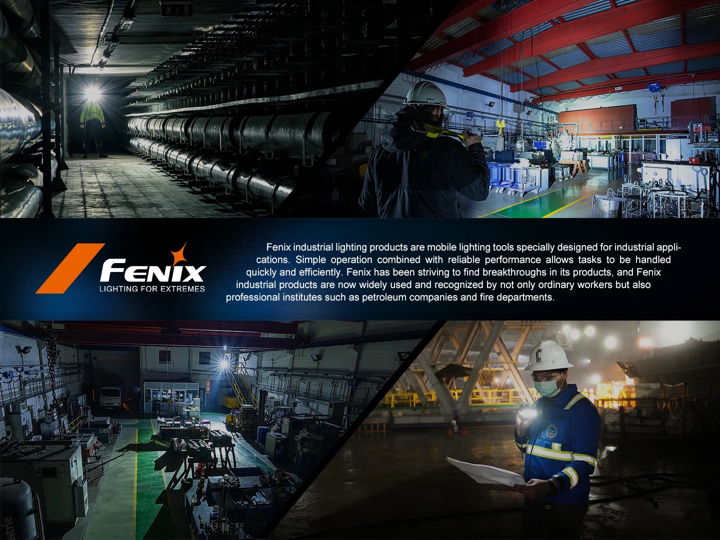 Banner collage for Fenix: industrial facilities lit with bright lighting—tunnel scene, factory interior, and a worker with plans, plus the Fenix logo.